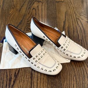 Tory Burch White Leather Studded Block Heel Loafers with Black Trim